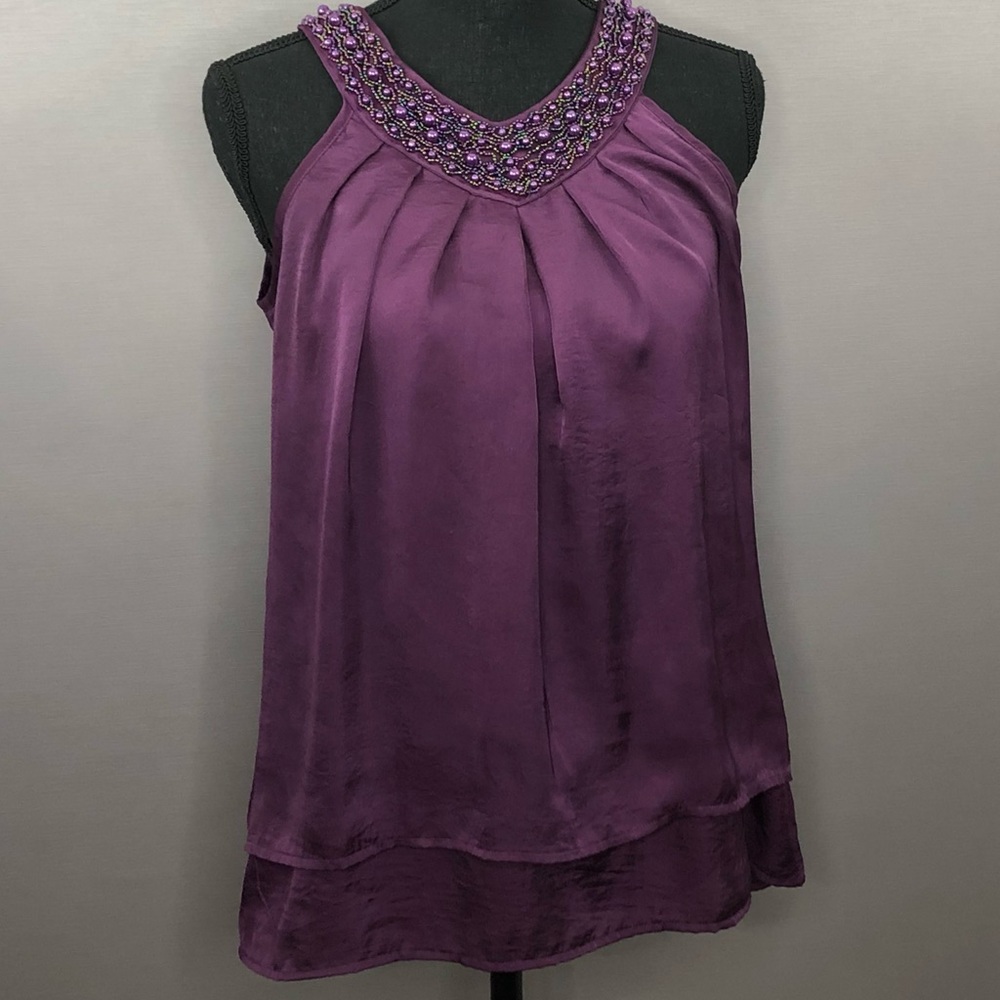 ADiva Deep Purple Silky Top with Beaded  Neckline. SZ S